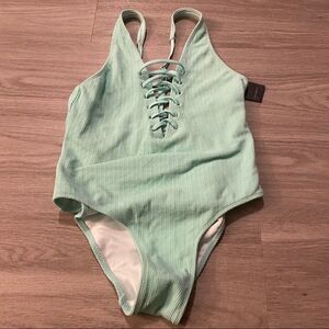 NWT Free press small green ribbed laced up one piece cheeky swimsuit size small